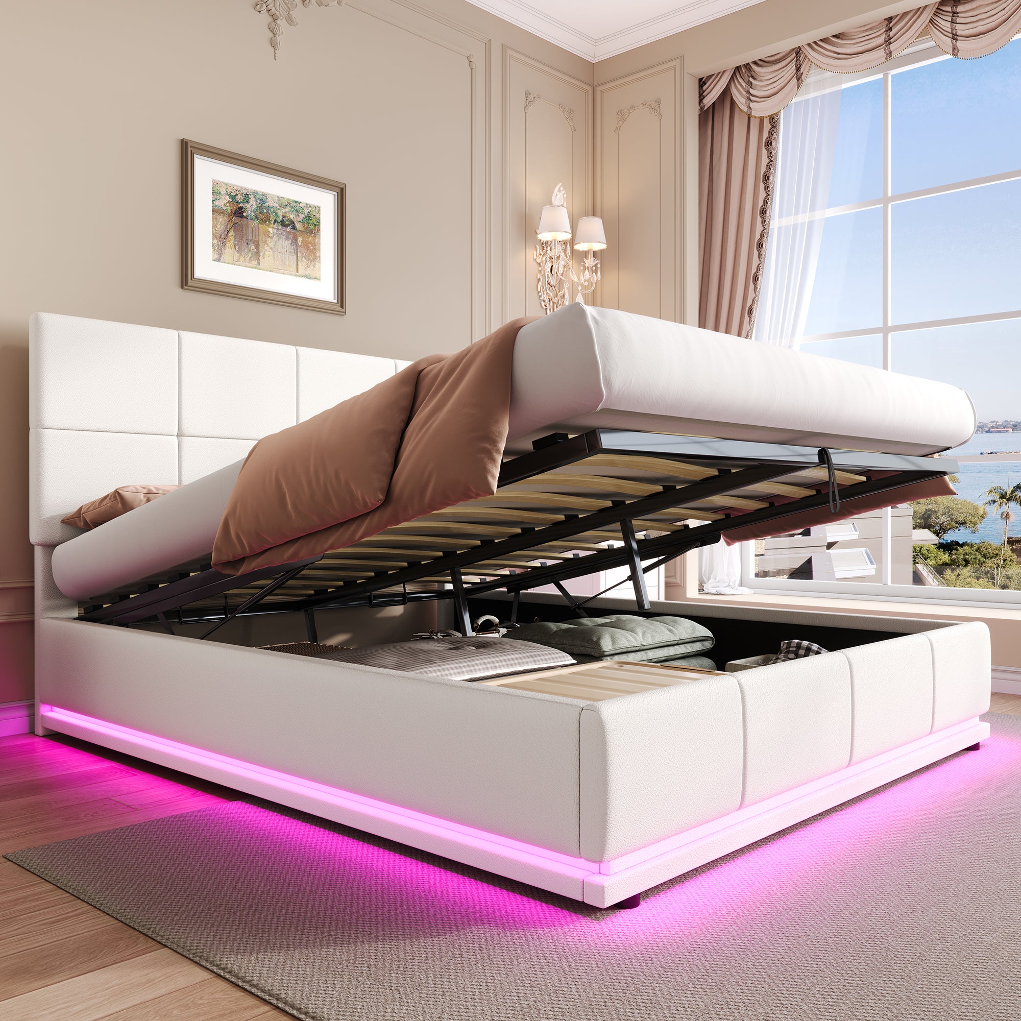 Ottoman Double Bed with LED Lighting, PU Leather Upholstered Bed with Hydraulic Storage, 4ft6 Double Bed Frame with Adjustable Square Tufted Headboard, Cream White (No Mattress)