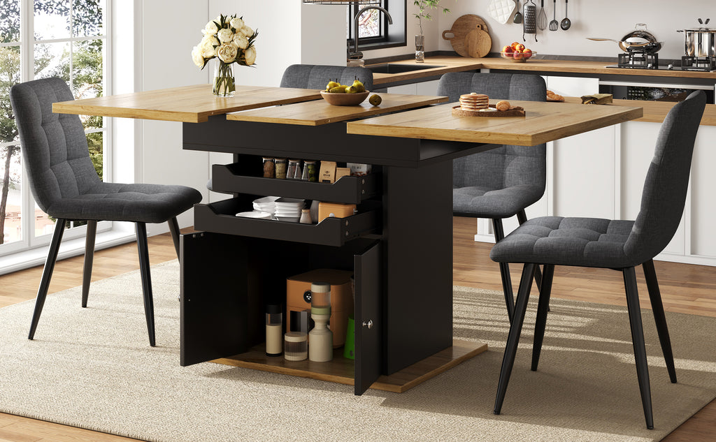Telescopic dining table (110-140×80cm), foldable kitchen table for 4-6 people, extendable dining table, space-saving kitchen table, table with two drawers and a storage cabinet