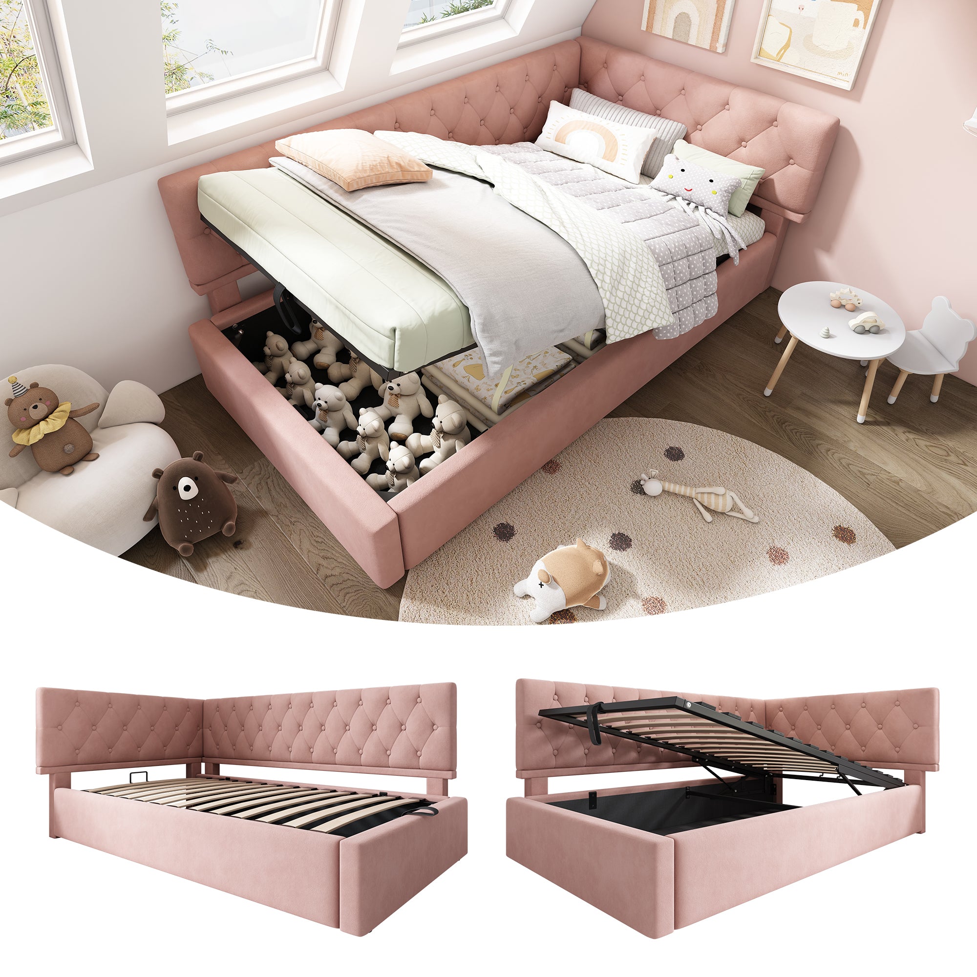 Daybed Upholstered Bed with Storage, 3FT Single Sofa Bed 90 x 190 cm, Ottoman Bed with Hydraulic Storage, Metal Slatted Bed Frame, Velvet, Pink (No Mattress)
