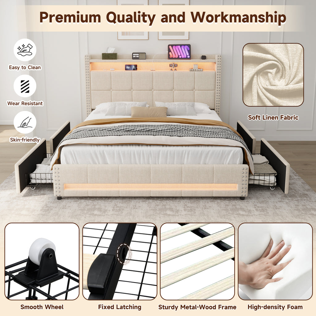 4ft6 Double Upholstered Bed with 4 Storage Drawers, LED Rivet  Storage Bed with Charging Station, Button Tufted Headboard with USB and Type-C Ports, No Box Spring Needed, Linen, Beige (No Mattress)