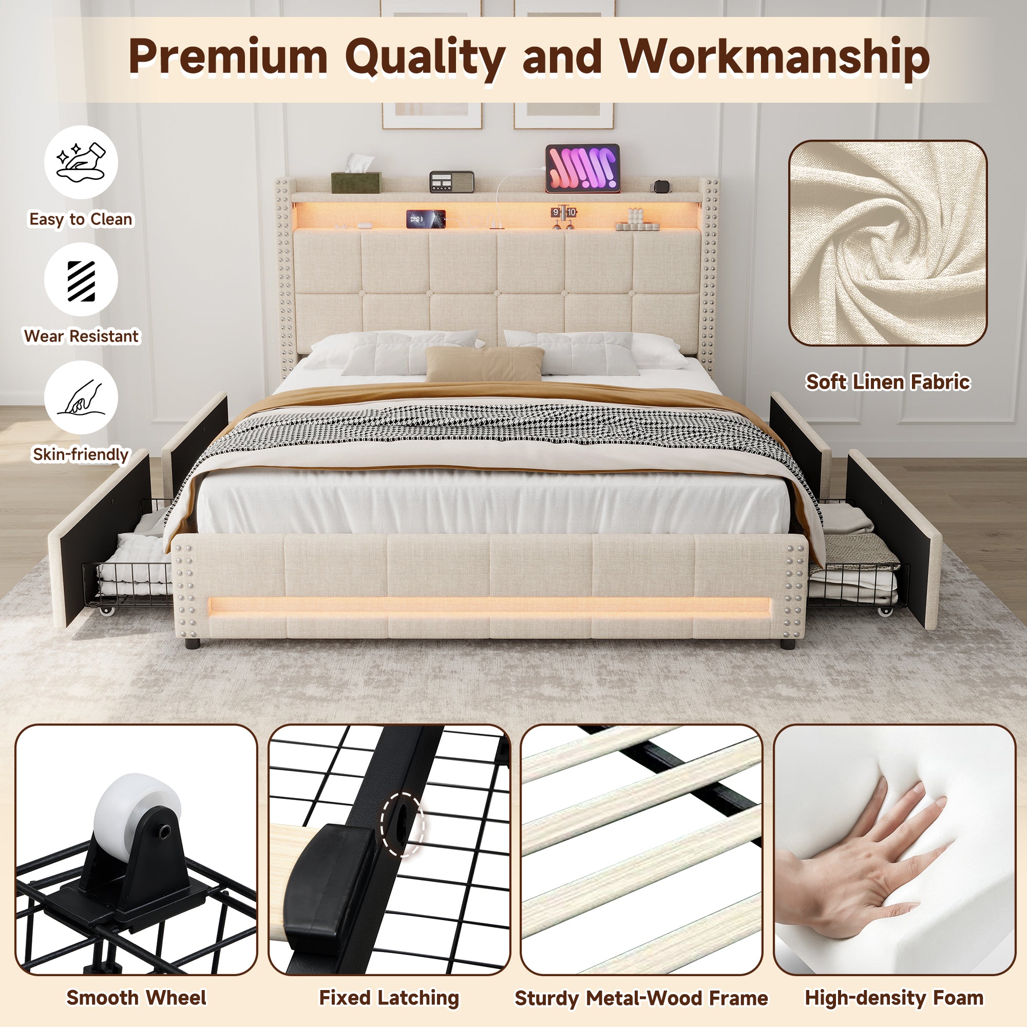 4ft6 Double Upholstered Bed with 4 Storage Drawers, LED Rivet  Storage Bed with Charging Station, Button Tufted Headboard with USB and Type-C Ports, No Box Spring Needed, Linen, Beige (No Mattress)