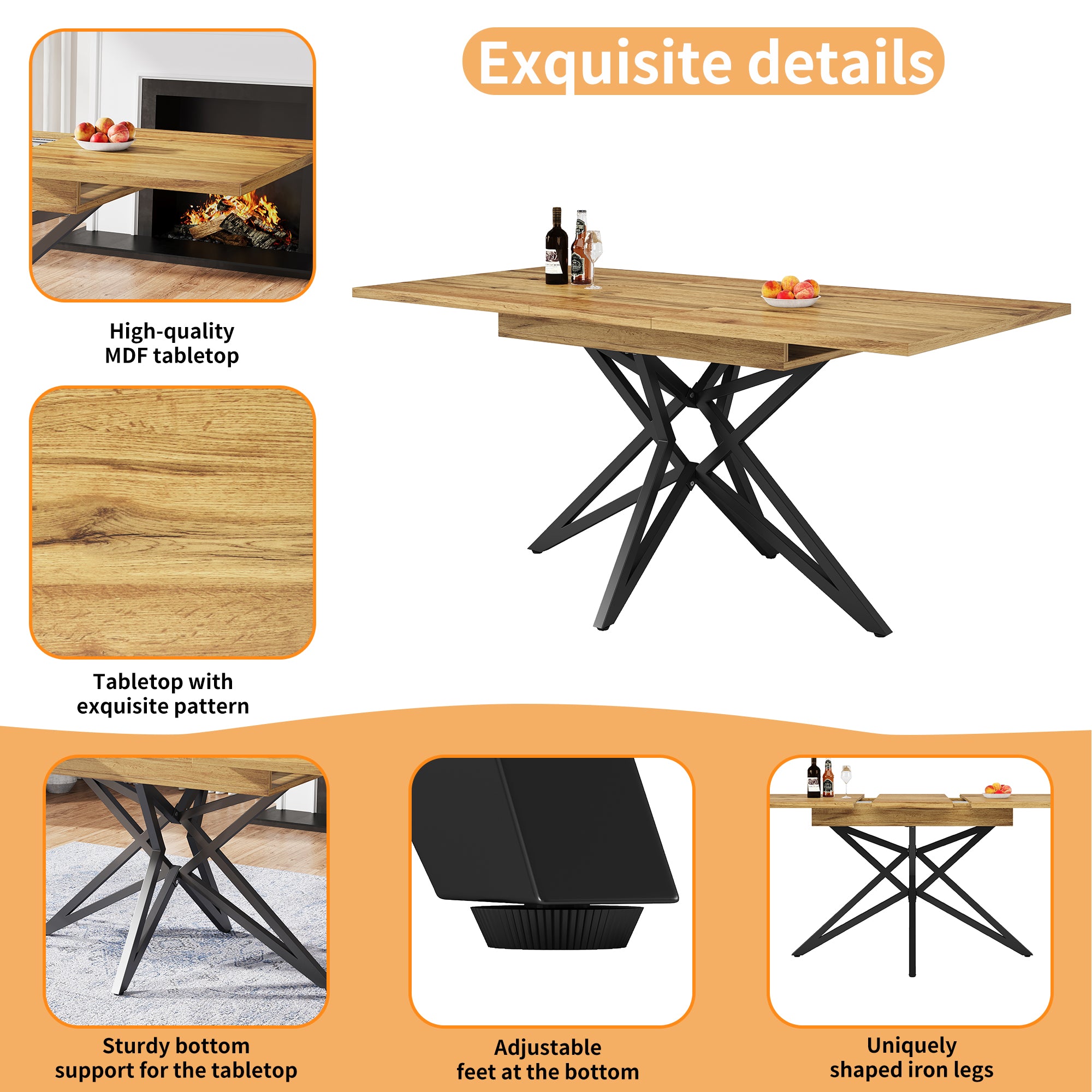 Extendable dining table 120-160 x 80 cm, extendable kitchen table, breakfast table, star-shaped table legs, black iron legs, Walnut-coloured tabletop