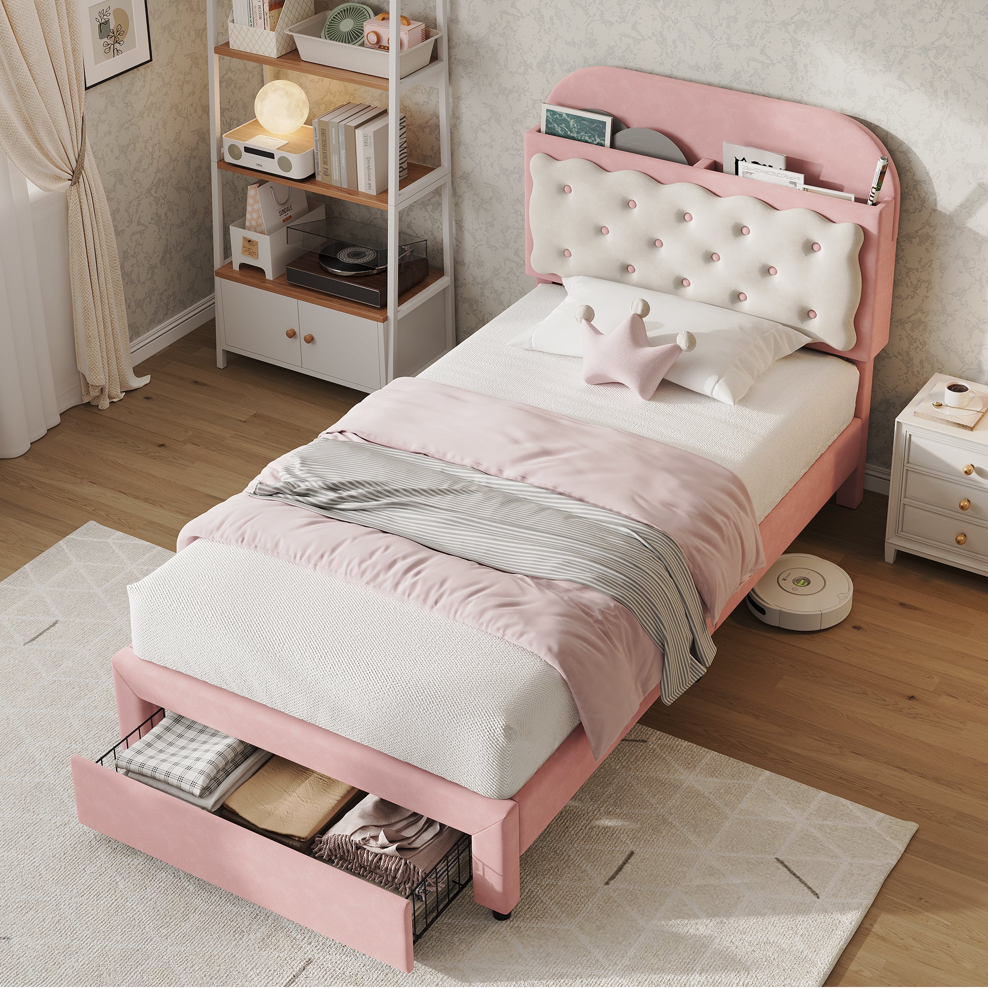 3ft Single Velvet Upholstered Bed Frame, Adjustable Cookie Shaped Storage Headboard with Storage Drawer at Bed End, No Box Spring Needed, Easy Assembly, Pink+ Cream White (No Mattress)