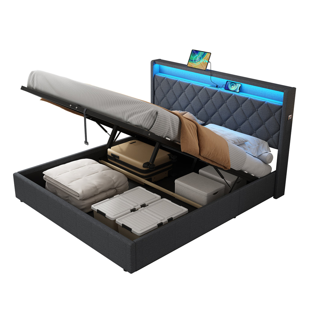 5ft King Upholstered Bed Frame with Hydraulic Storage, Linen Ottoman Bed with LED Lighting, Button Tufted Storage Headboard with Charging Station, No Box Spring Needed, Grey (No Mattress)
