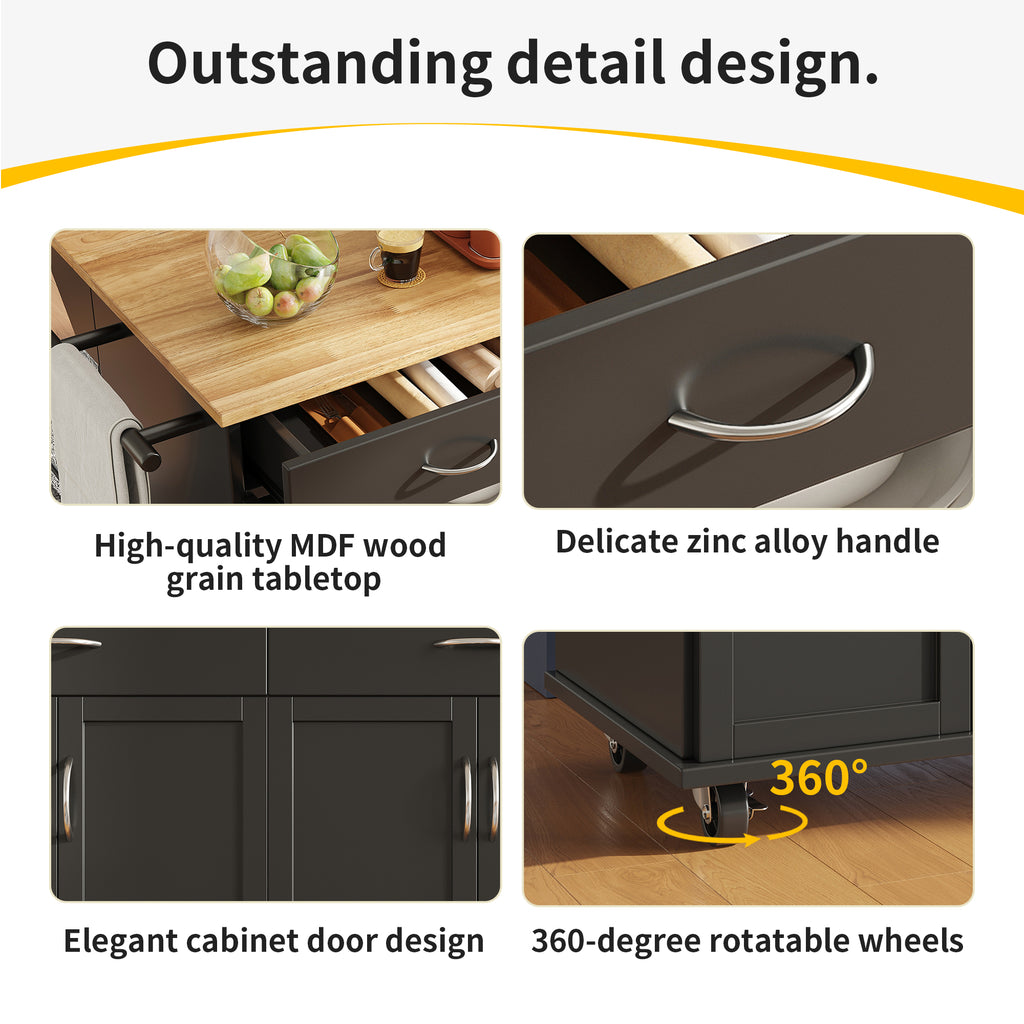 Rolling Kitchen Island Storage Trolley with Large Cabinet, 2 Drawers, Adjustable Shelf, Spice&Towel Rack, Sideboard Cupboard Cabinet Cart, Dining Room Organiser, Black