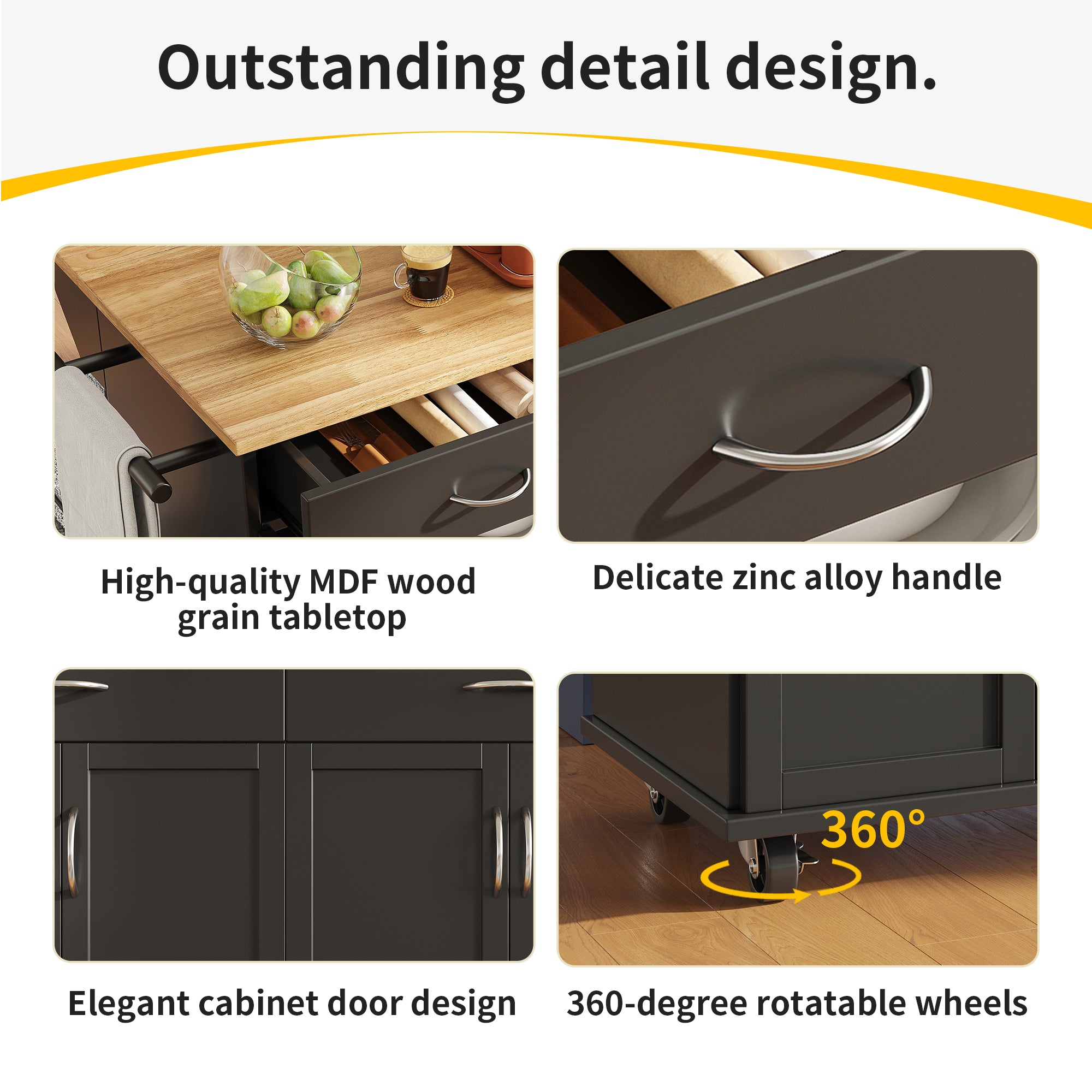 Rolling Kitchen Island Storage Trolley with Large Cabinet, 2 Drawers, Adjustable Shelf, Spice&Towel Rack, Sideboard Cupboard Cabinet Cart, Dining Room Organiser, Black