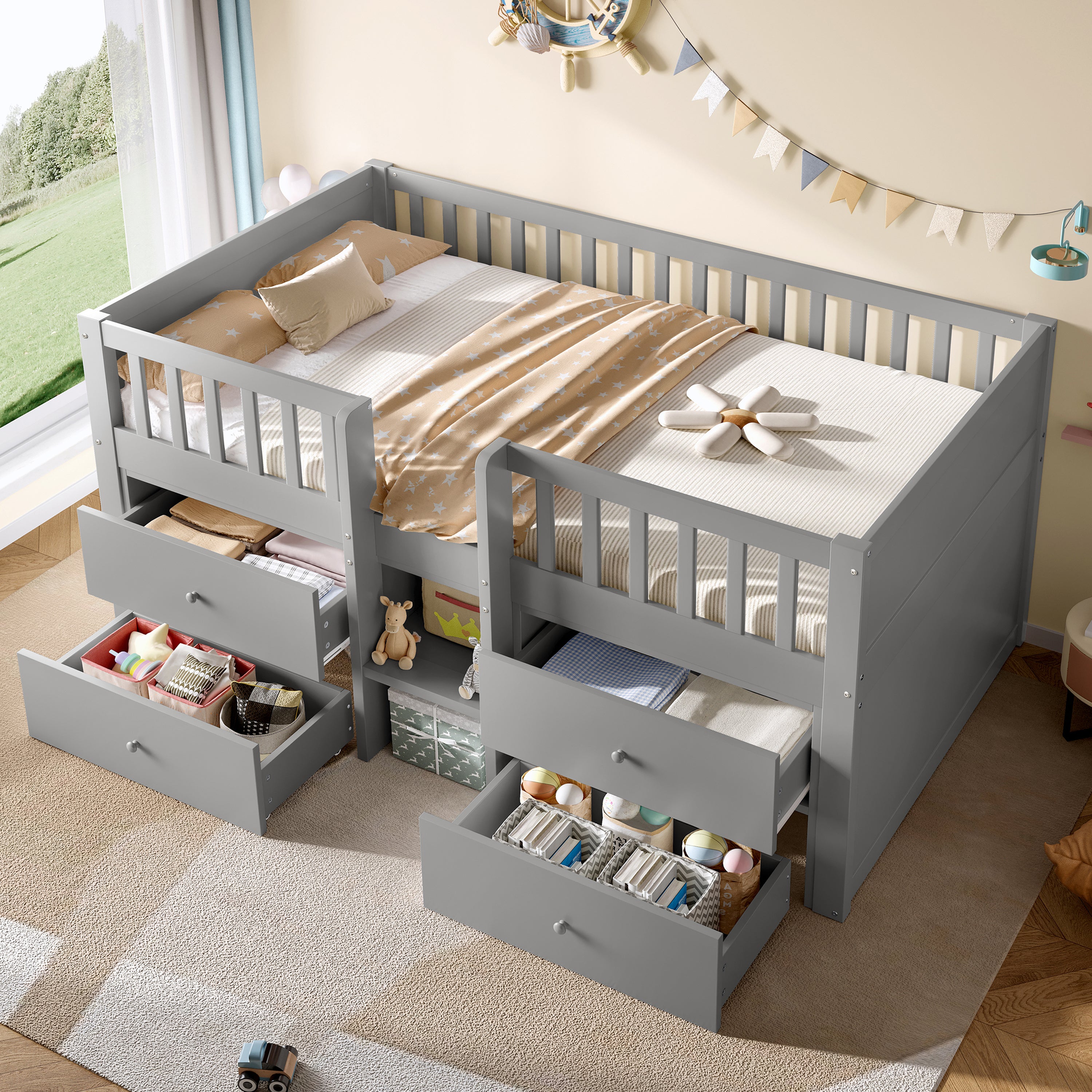 Low Loft Bed with Storage, Solid Wood Bed Frame with Drawer Storage, 3ft Single Bed with Guardrail, No Box Spring Needed, Saving-space Design for Bedroom, Modern Bed for Children, Grey (No Mattress)