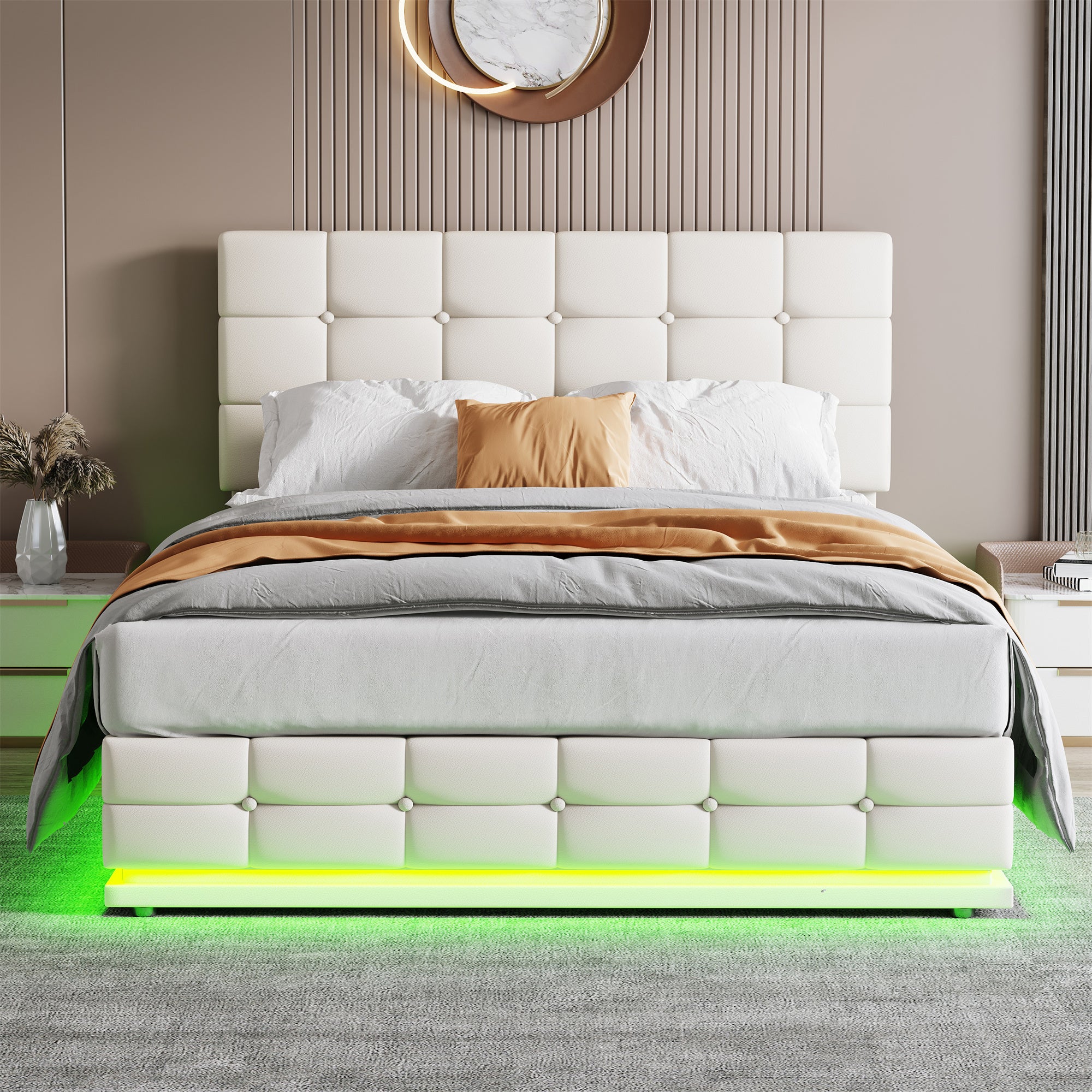 Ottoman Double Bed with LED Lighting, PU Leather Upholstered Bed with Hydraulic Storage, 4ft6 Double Bed Frame with Adjustable Button Tufted Headboard, Cream White (No Mattress)