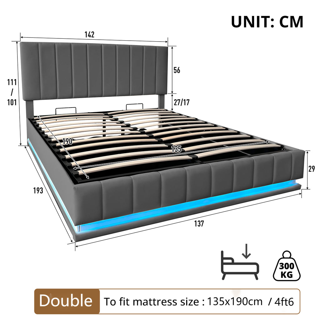 Ottoman Double Bed with LED Lighting, PU Leather Upholstered Bed with Hydraulic Storage, 4ft6 Double Bed Frame with Adjustable Channel Tufted Headboard, No Box Spring Needed, Grey (No Mattress)