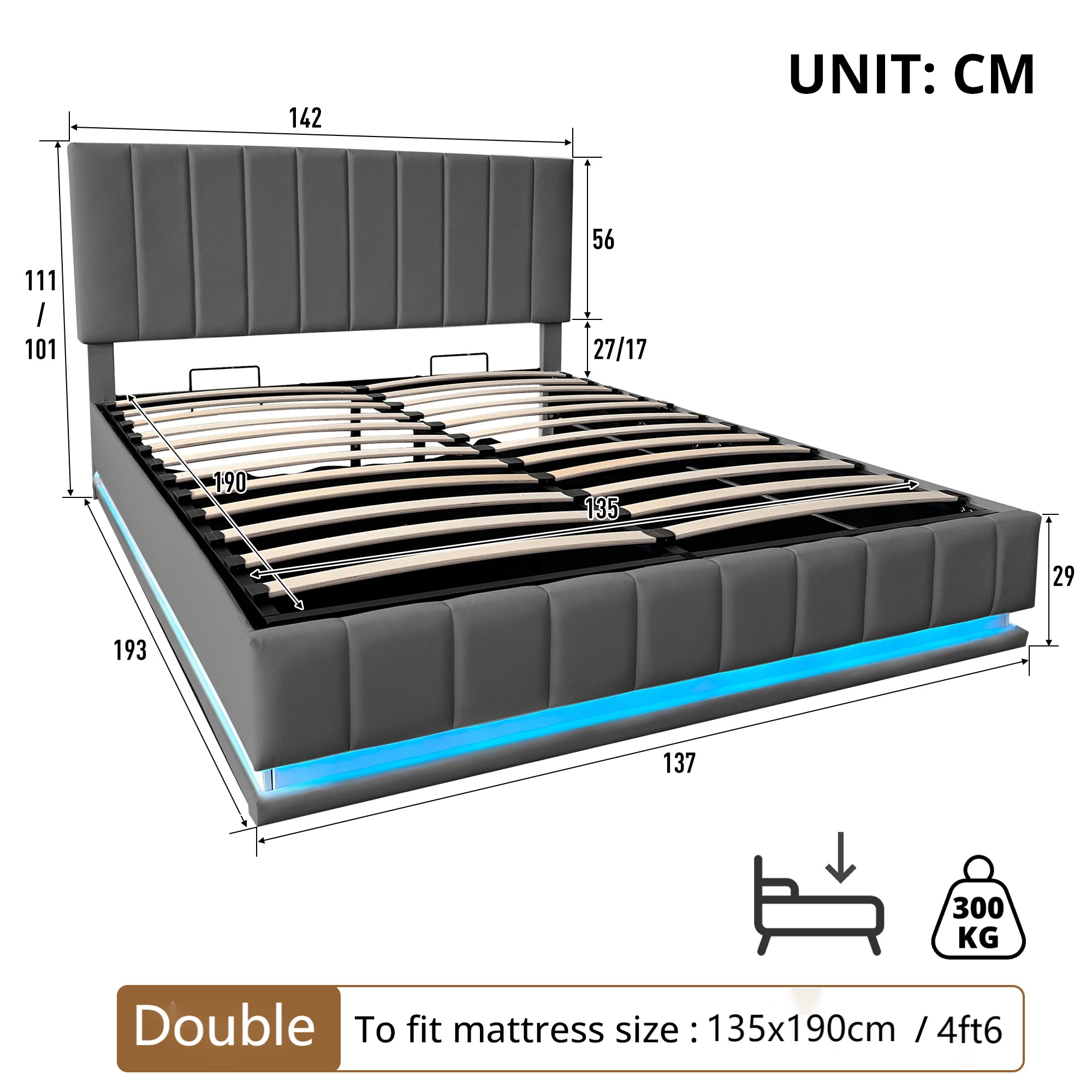 Ottoman Double Bed with LED Lighting, PU Leather Upholstered Bed with Hydraulic Storage, 4ft6 Double Bed Frame with Adjustable Channel Tufted Headboard, No Box Spring Needed, Grey (No Mattress)