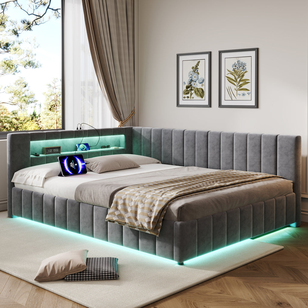 4ft6 Double Velvet Side Hydraulic Storage Bed with Smart RGB LED Lights & Charging Station, Side Opening Ottoman Bed Frame with Type-C & USB Ports, Channel Tufted, Grey(No Mattress)
