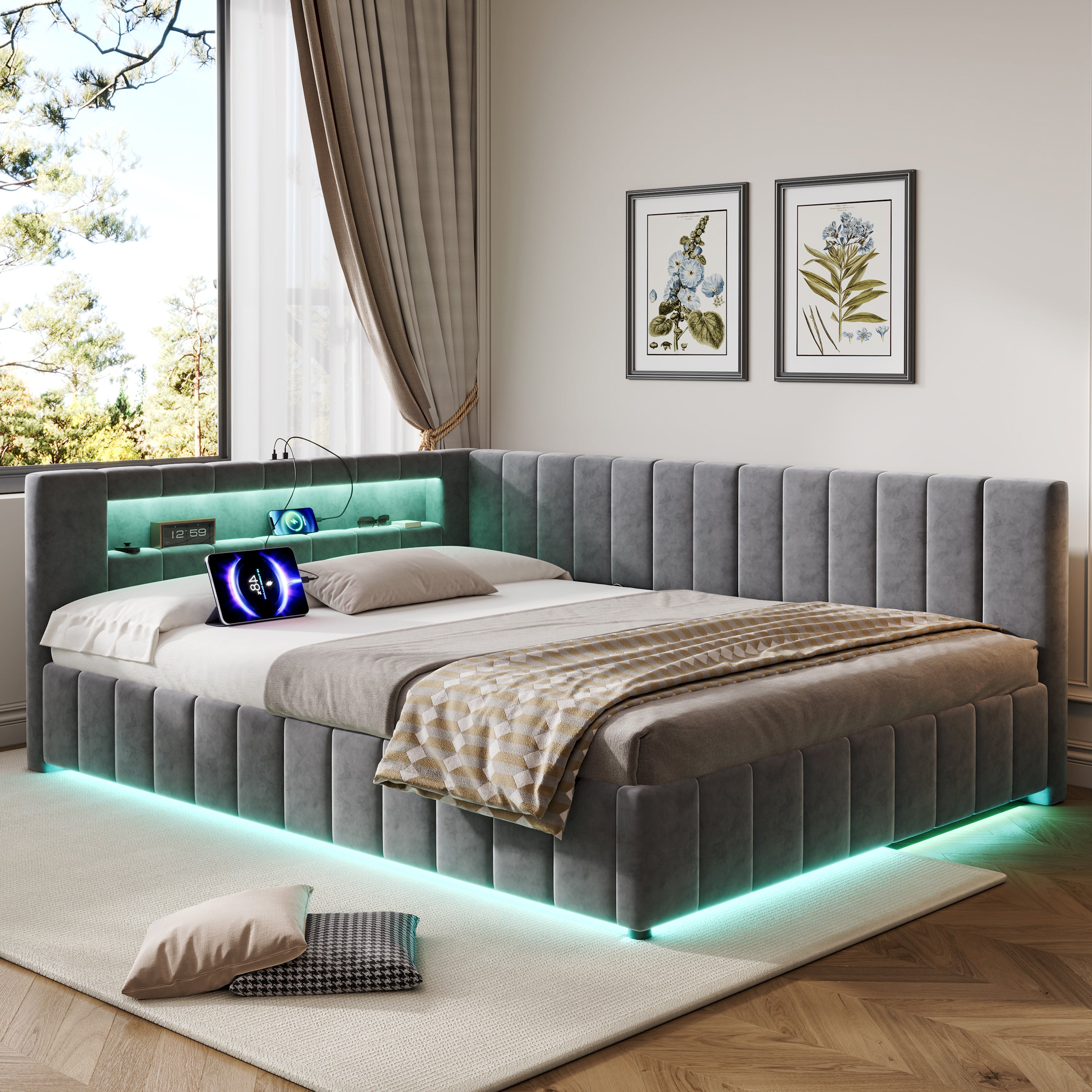 4ft6 Double Velvet Side Hydraulic Storage Bed with Smart RGB LED Lights & Charging Station, Side Opening Ottoman Bed Frame with Type-C & USB Ports, Channel Tufted, Grey(No Mattress)