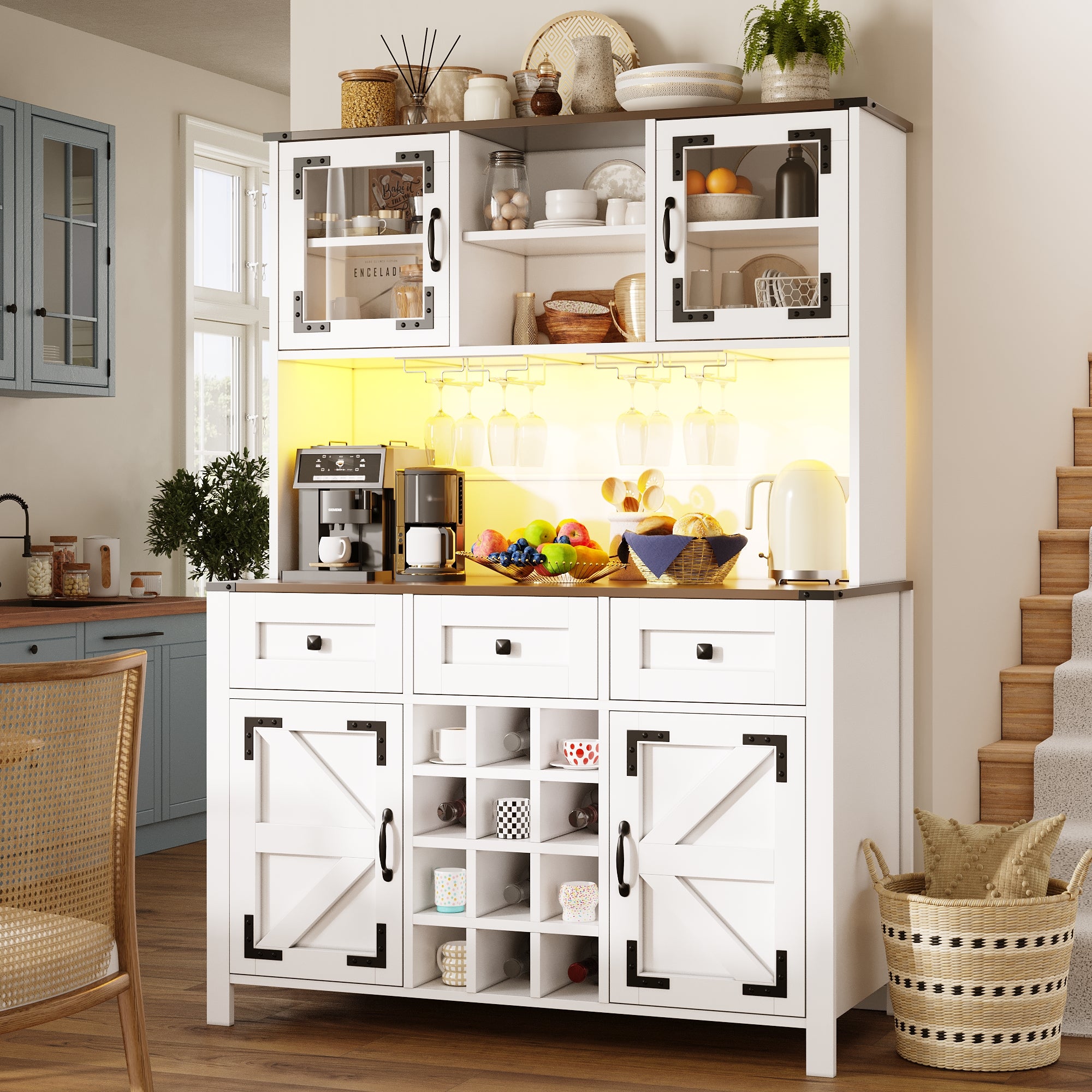 Tall Kitchen Cabinet with 4 Doors & 3 Drawers, USB Ports & Power Outlets, LED Light Strip, Modern Storage Sideboard, Side Cabinet for Kitchen & Living Room, 120 x 40 x 170 cm, White