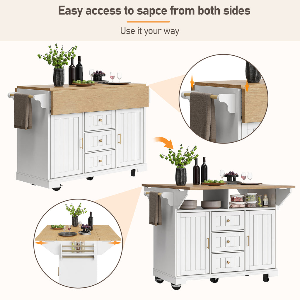 Kitchen island, cabinet, sideboard 120 x 40 (80) x 95 cm, extendable kitchen trolley with casters, extendable on both sides, with towel rail and spice rack, two doors, three drawers, black/white