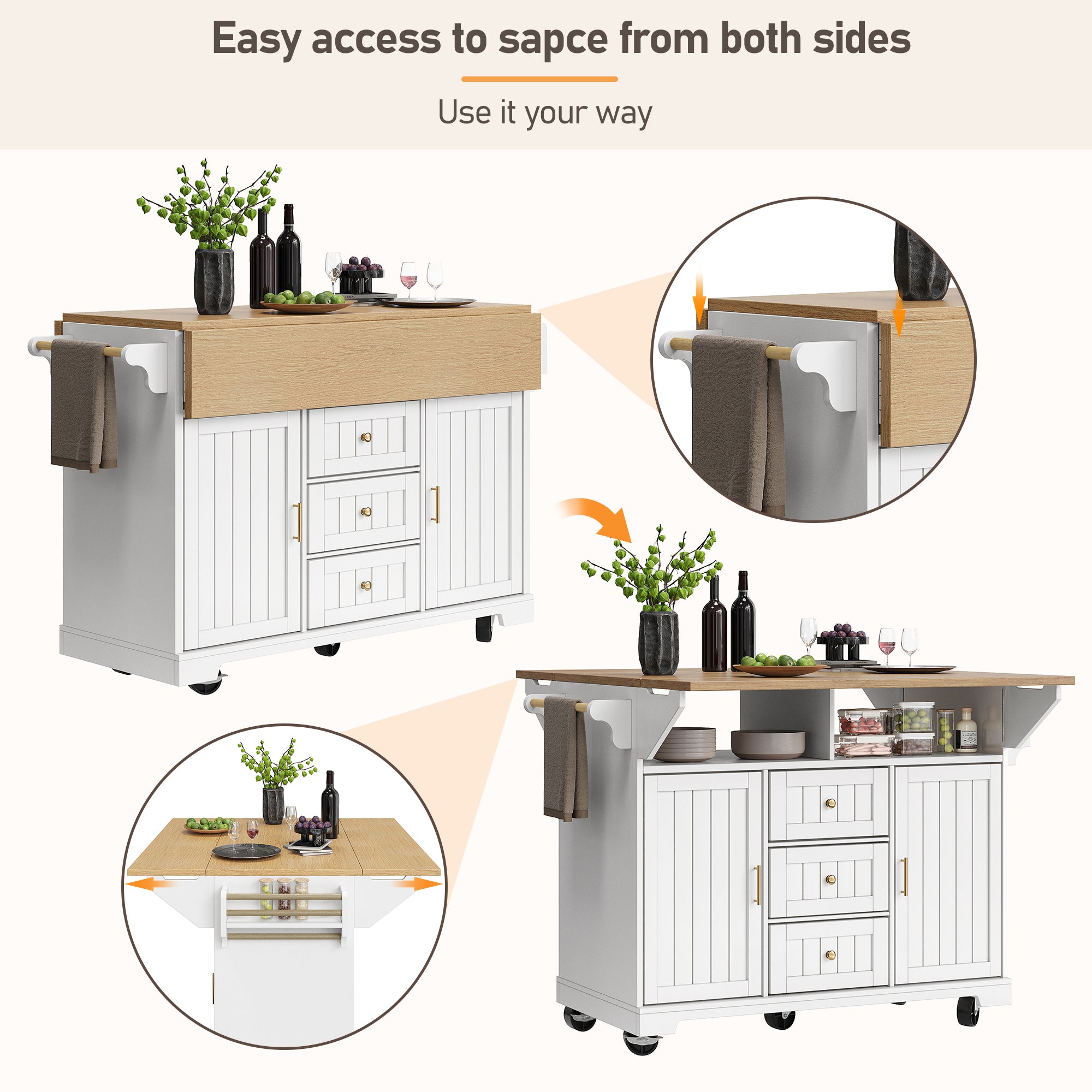Kitchen island, cabinet, sideboard 120 x 40 (80) x 95 cm, extendable kitchen trolley with casters, extendable on both sides, with towel rail and spice rack, two doors, three drawers, black/white