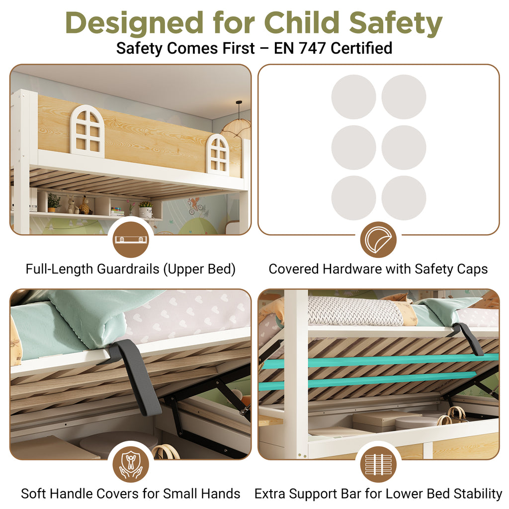 Bunk Beds for Kids, Staircase Bunk with Storage Cube, Children's Bed with Hydraulic Storage, Double Bed High Sleeper for Family with Multiple Children, 90 x 190 cm, Solid Wood, White & Natural