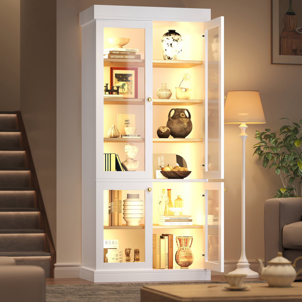 Modern freestanding cabinet with integrated LED mood lighting, glass display case, well-designed interior layout and anti-tip protection; stable, safe and versatile for the home; white.