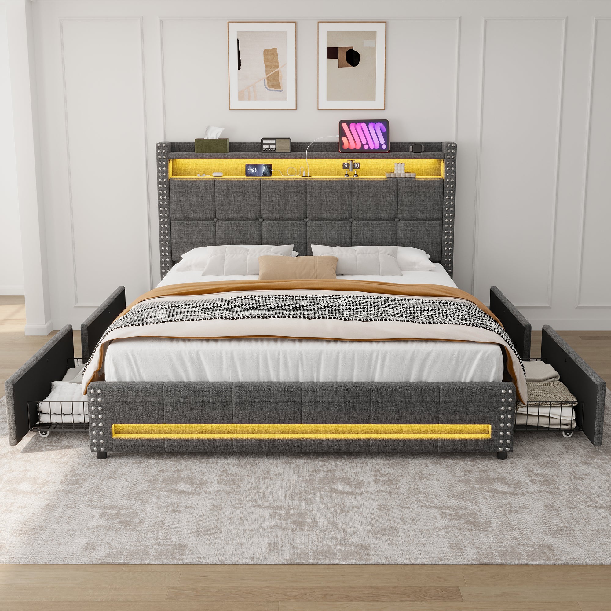 4ft6 Double Upholstered Bed with 4 Storage Drawers, LED Rivet  Storage Bed with Charging Station, Button Tufted Headboard with USB and Type-C Ports, Linen, Grey (No Mattress)