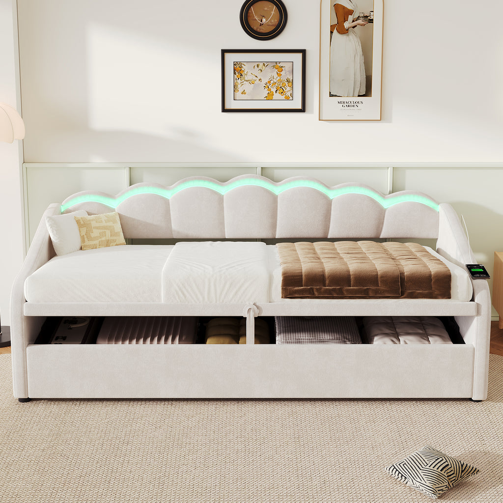 Upholstered Bed 90x190cm, Daybed, RGB LED Sofa Bed with Charging Station, 3ft Petal Shape Single Bed with Hydraulic Storage for Living Room/ Bedroom/ Study Room, Velvet, Beige (No Mattress)
