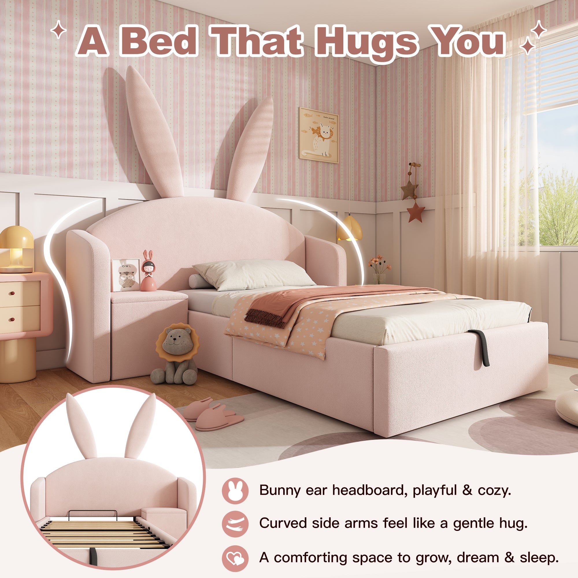 Bunny Ears Kids Bed, Single Upholstered Bed with Hydraulic Storage & Nightstand, Children Bed Frame for Girls Bedroom, 90 x 190 cm, Rose, No Mattress