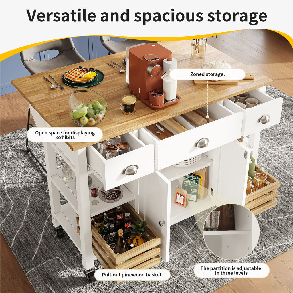Rolling Kitchen Island Storage Trolley with Large Cabinet, 3 Drawers, Spice Rack, Adjustable Shelf, Dining Room Organiser Sideboard Cupboard Cabinet Cart, White