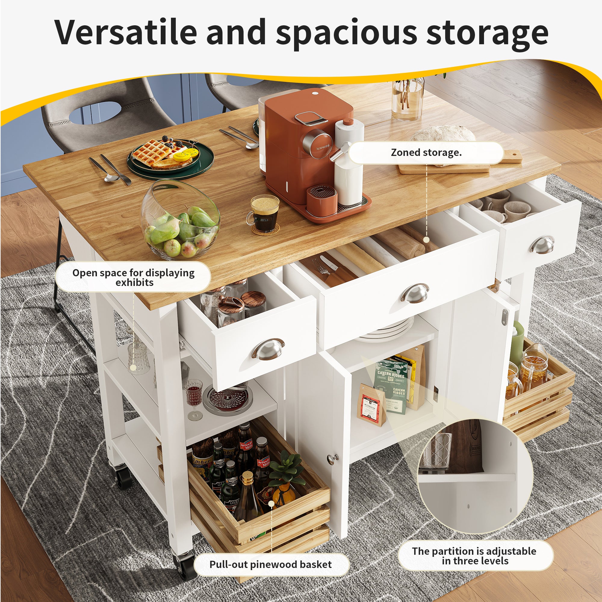 Rolling Kitchen Island Storage Trolley with Large Cabinet, 3 Drawers, Spice Rack, Adjustable Shelf, Dining Room Organiser Sideboard Cupboard Cabinet Cart, White