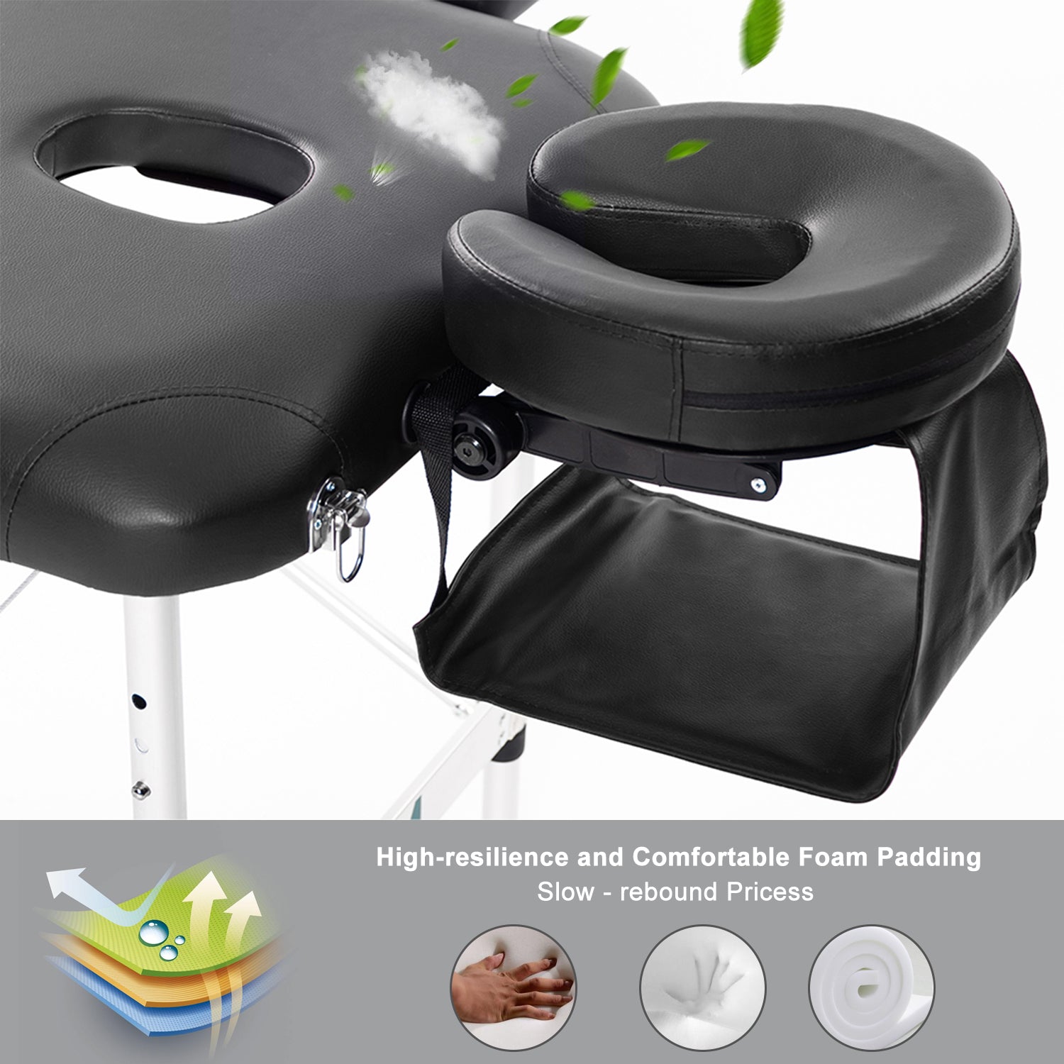 Massage Table Couch Bed Aluminium Tattoo Spa Reiki Portable Folded 3 Section with Premium PU Leather and 5 cm High Density Multi-Layer Foam Headrest Arm support and Carrying Bag Black