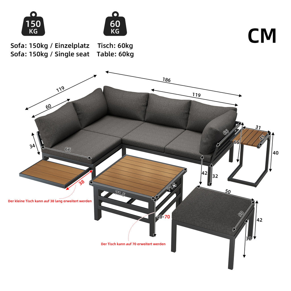 Outdoor Patio Furniture Set (2 Double Sofas + 1 Ottoman), 1 Plastic Lift-Top Coffee Table, Galvanized Iron Frame, with Seat Cushions & Pillows, Includes Small Side Table with Extendable Tabletop