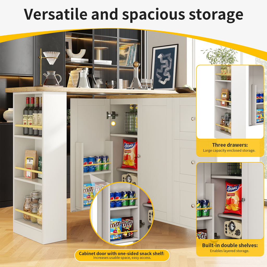 360° swivelling dining table (138-209 x 39 x 106 cm) on castors, bar table, white, with three drawers and snack rack, multifunctional storage island, suitable for kitchen and living room.