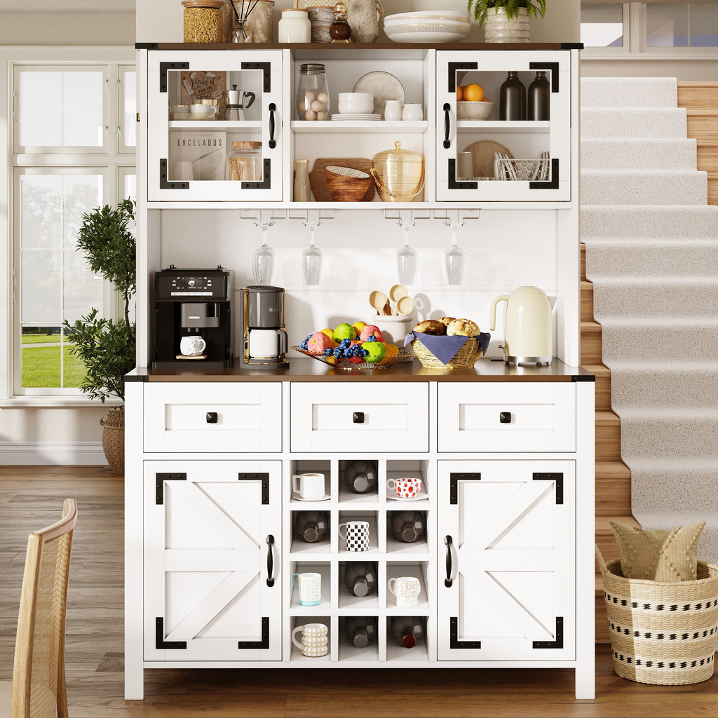 Tall Kitchen Cabinet with 4 Doors & 3 Drawers, USB Ports & Power Outlets, LED Light Strip, Modern Storage Sideboard, Side Cabinet for Kitchen & Living Room, 120 x 40 x 170 cm, White