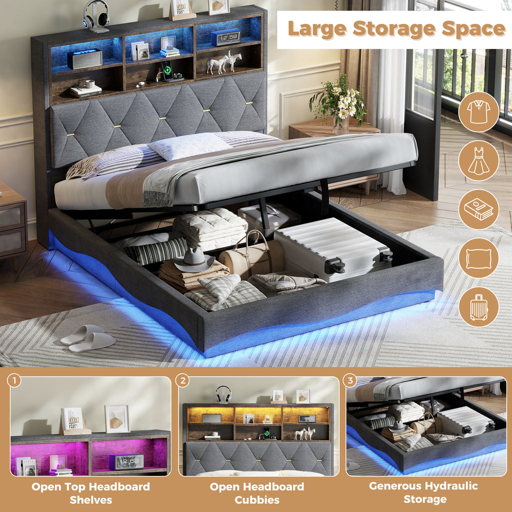 4ft6 Double Upholstered Bed Frame with Hydraulic Storage, Wavy LED Heightened Headboard with Charging Station, USB and Type - C Ports, Linen, No Box Spring Needed, Grey (No Mattress)