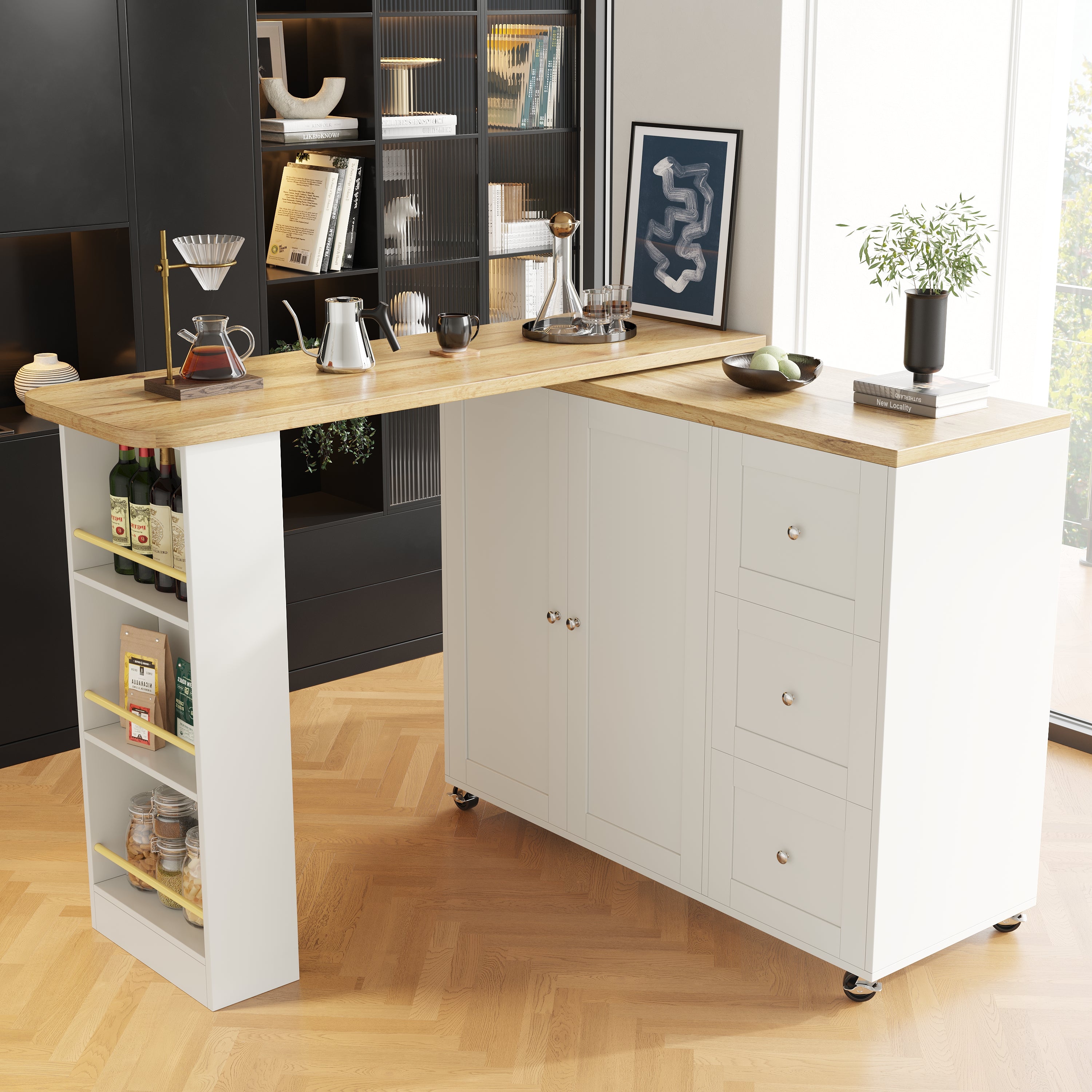 360° swivelling dining table (138-209 x 39 x 106 cm) on castors, bar table, white, with three drawers and snack rack, multifunctional storage island, suitable for kitchen and living room.