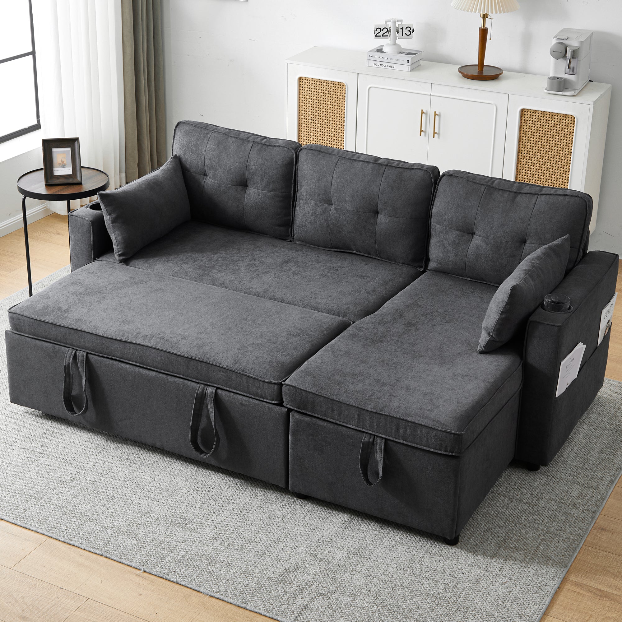 3-in-1 Convertible Sofa Bed with Internal Storage Chaise, L Shaped Sleeper Sofa Couches with Cup Holders, Pillows and Storage Pocket. Pullout Sectional Daybed for Living Room/Bedroom/Office, Grey