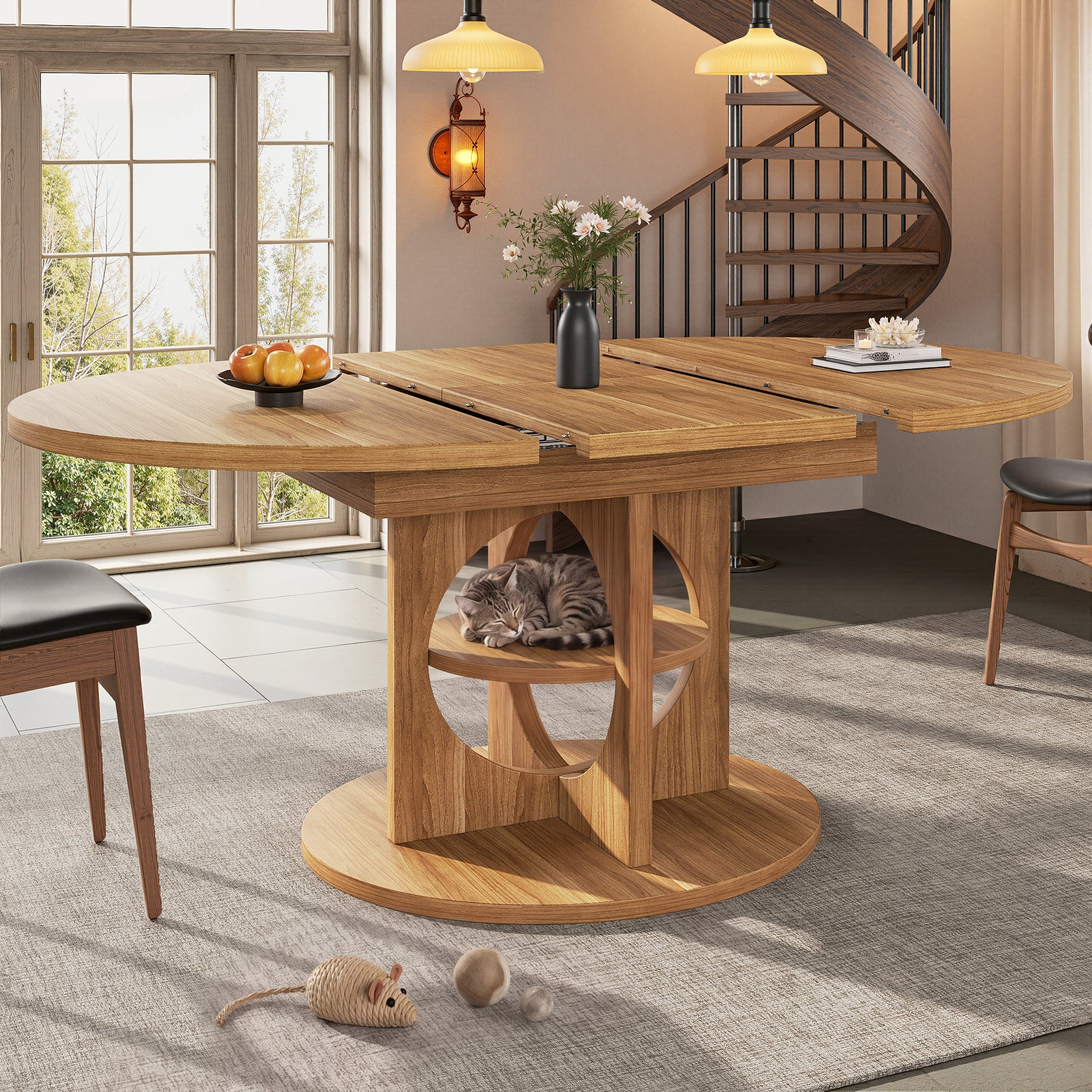 Extendable dining table, dining room table, kitchen table, balcony table, round dining table, extendable to oval, 110-150 cm, seats up to 8 people, dark brown