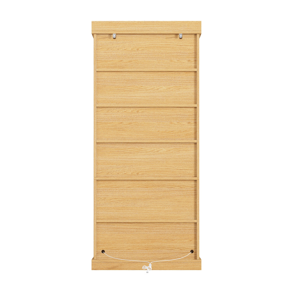 Modern freestanding cabinet with integrated LED mood lighting, glass display case, well-designed interior layout and anti-tip protection; stable, safe and versatile for the home; natural brown.