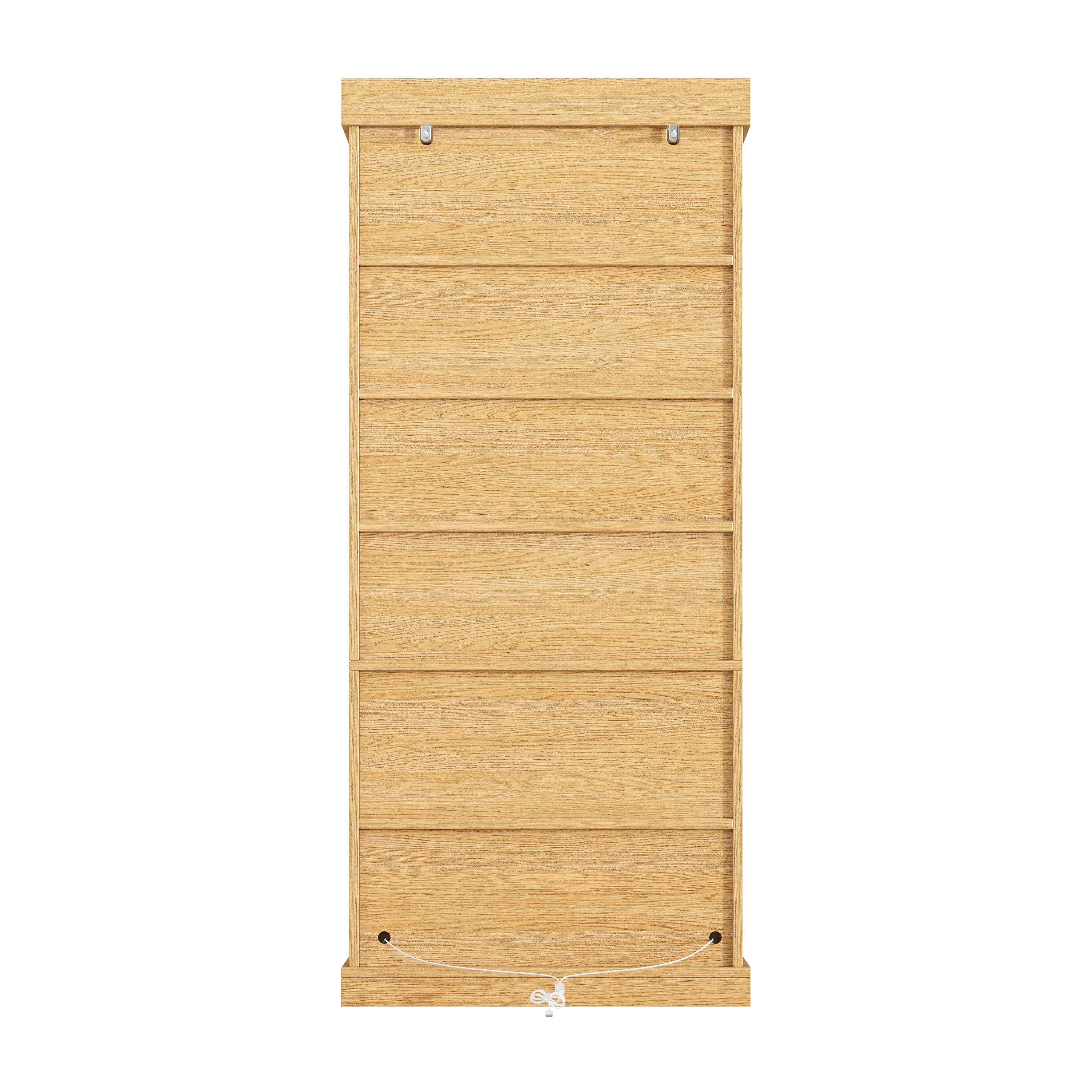 Modern freestanding cabinet with integrated LED mood lighting, glass display case, well-designed interior layout and anti-tip protection; stable, safe and versatile for the home; natural brown.