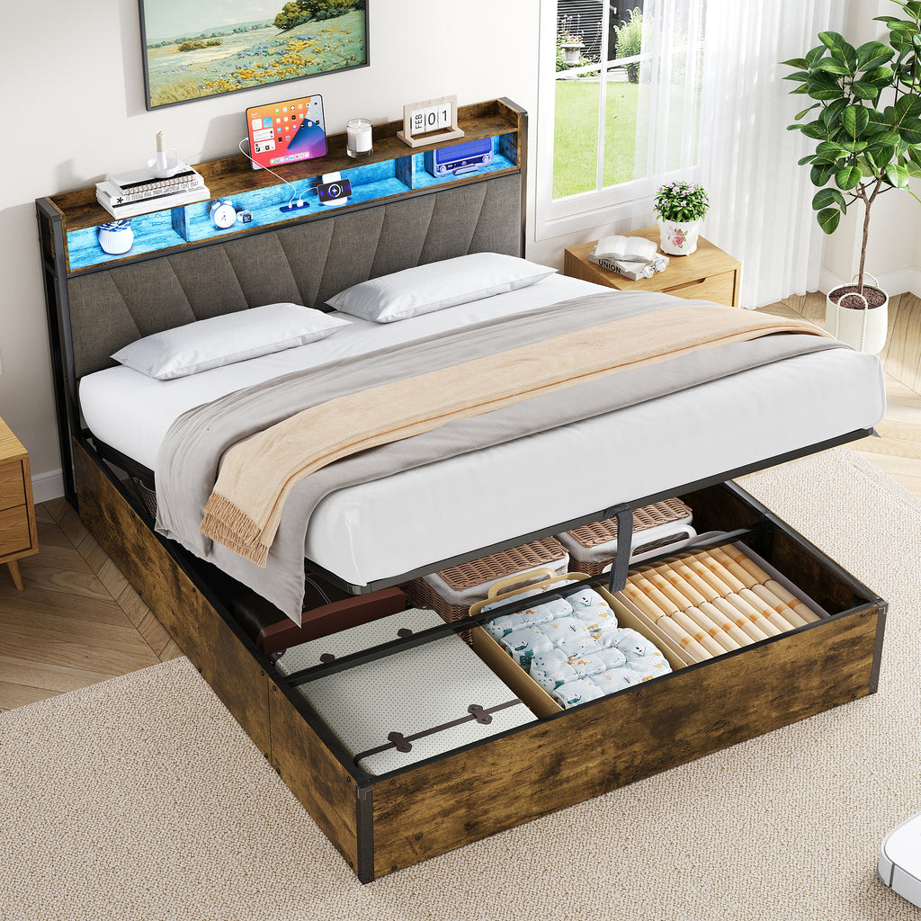 4ft6 Double Bed Frame with Hydraulic Storage, RGB LED Storage Headboard with Charging Station, USB and Type-C Ports, No Box Spring Needed, Easy Assembly, Black+Walnut (No Mattress)