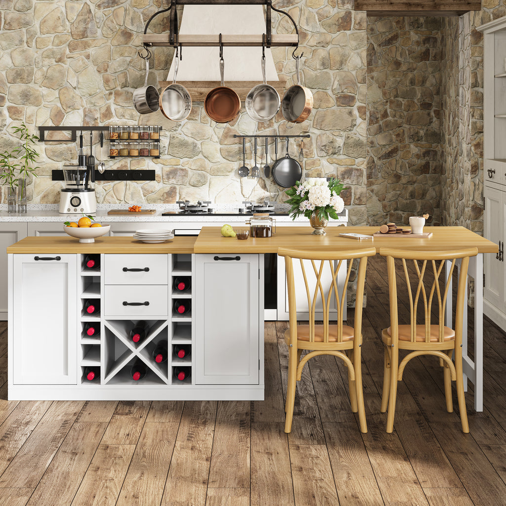 Extendable Sideboard & Dining Table Combo with Wine Rack,  Built-in Trash Bin Compartment and Side Doors with Snack Storage Racks, White
