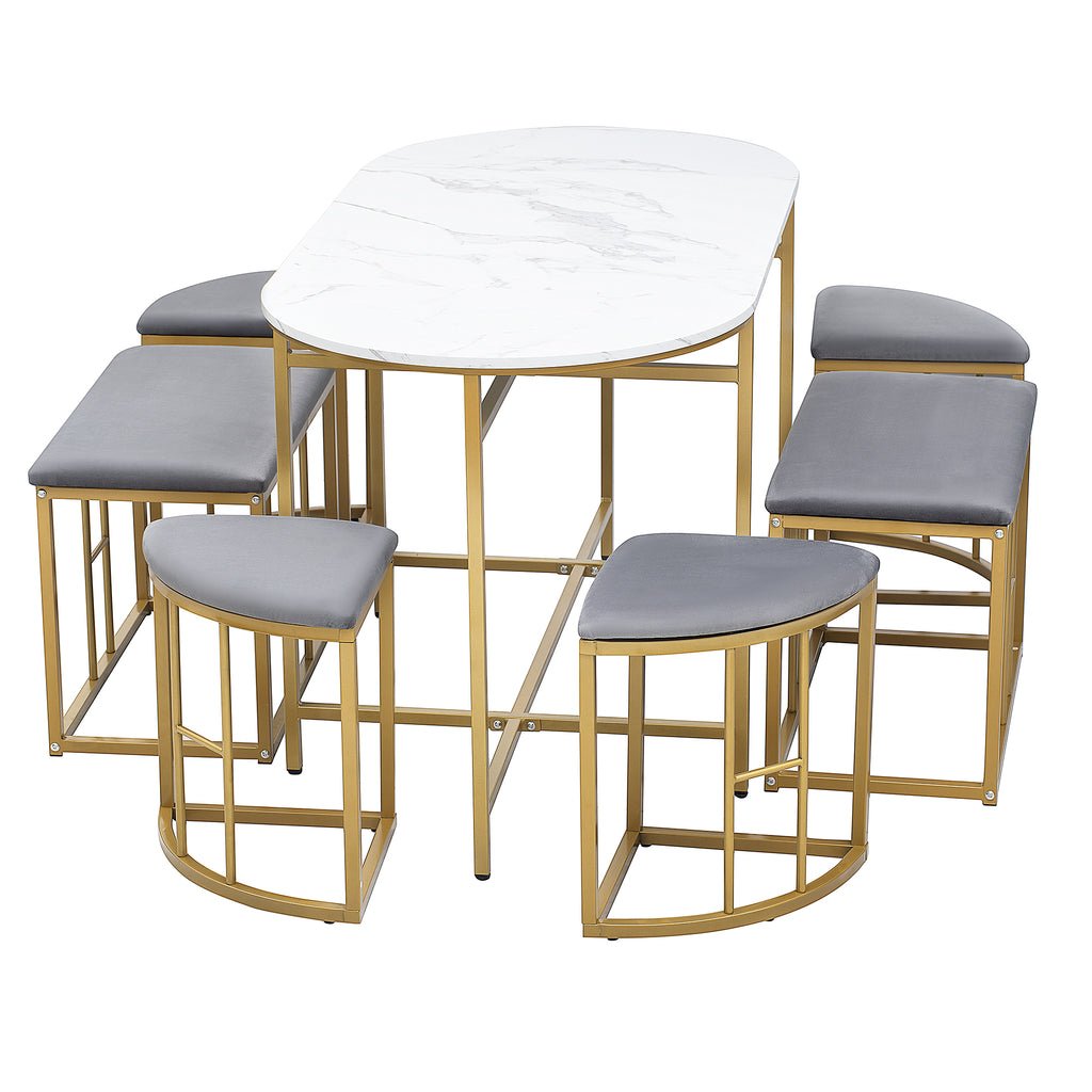 Dining group, (set, with dining table, 4 small stools and 2 large stools), kitchen dining table set made of steel frame, modern white and gold, 140*70*76cm, load capacity 120 kg