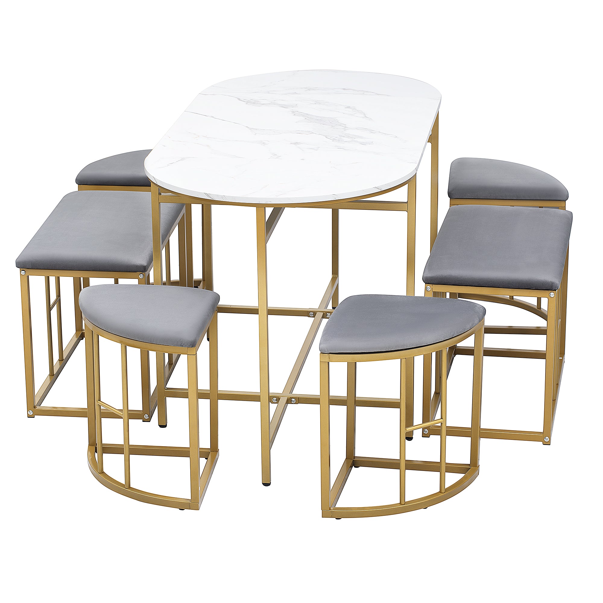 Dining group, (set, with dining table, 4 small stools and 2 large stools), kitchen dining table set made of steel frame, modern white and gold, 140*70*76cm, load capacity 120 kg