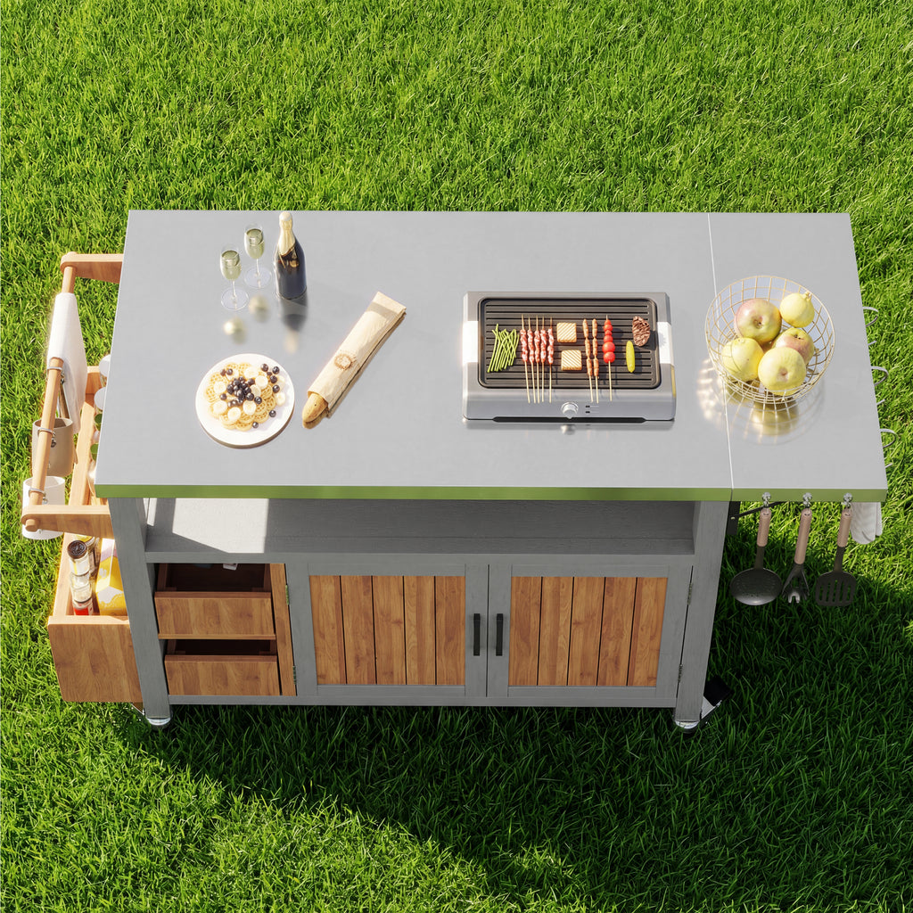 BBQ side table, mobile garden cabinet, weatherproof, stainless steel worktop, outdoor sideboard, serving trolley with pull-out side shelf, 3 hooks, shelf for snacks and spices, solid wood