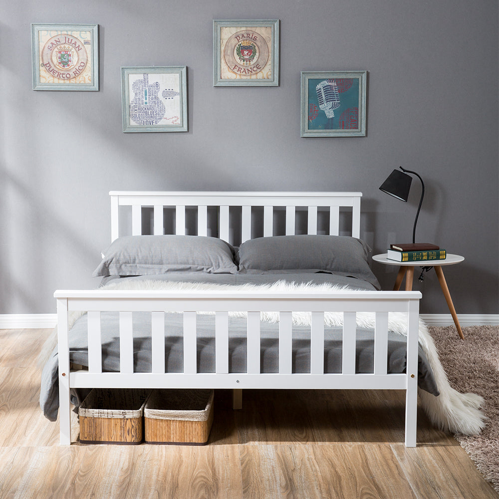 Double Bed Wooden Frame 4ft6 Double Wooden Bed in White For Adults, Kids, Teenagers(4FT6)