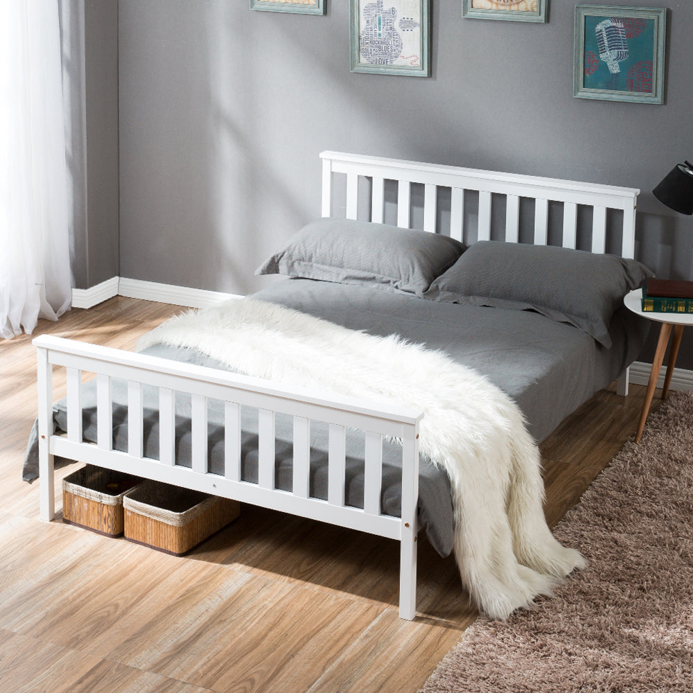 Double Bed Wooden Frame 4ft6 Double Wooden Bed in White For Adults, Kids, Teenagers(4FT6)