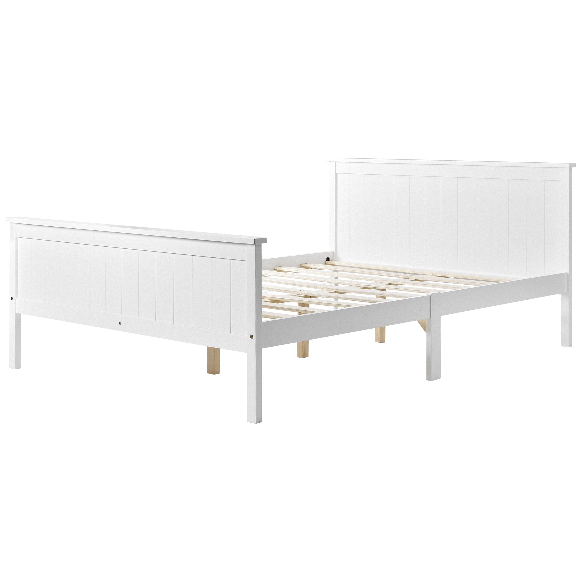 Wooden Bed Frame with Headboard and Footboard, Pine Wood Bed for Kids Bedroom, Ivory