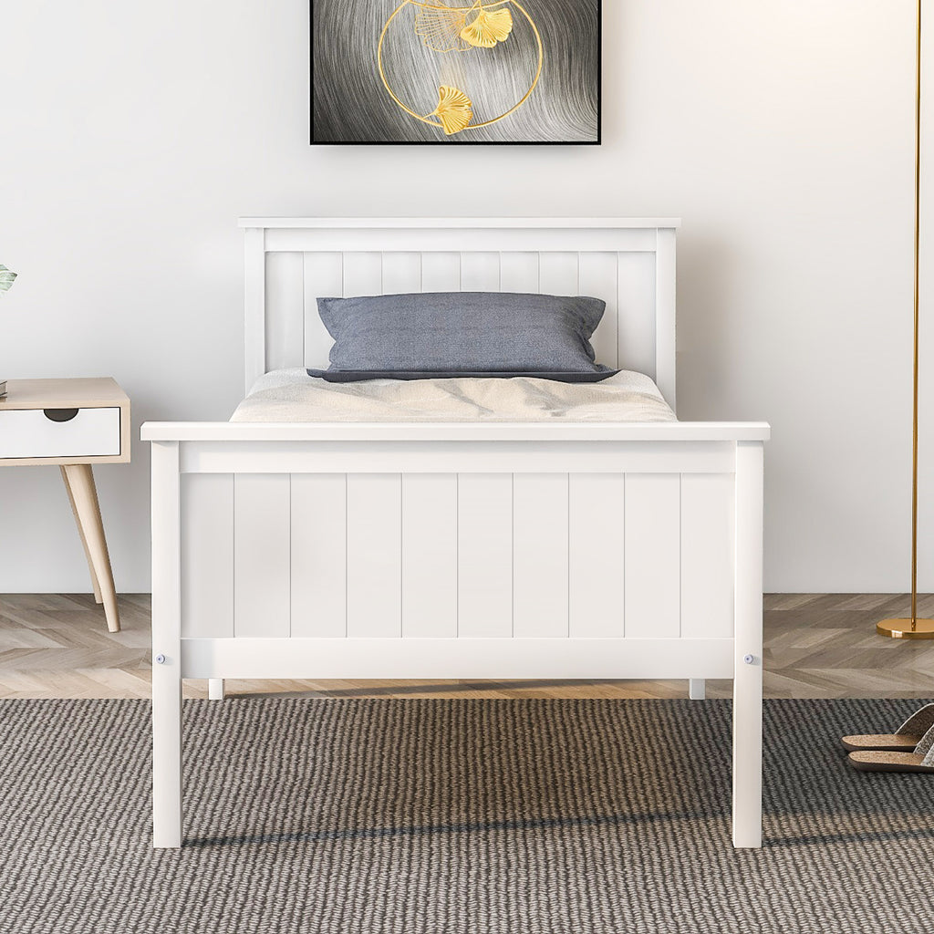 Wooden Bed Frame with Headboard and Footboard, Pine Wood Bed for Kids Bedroom, Ivory