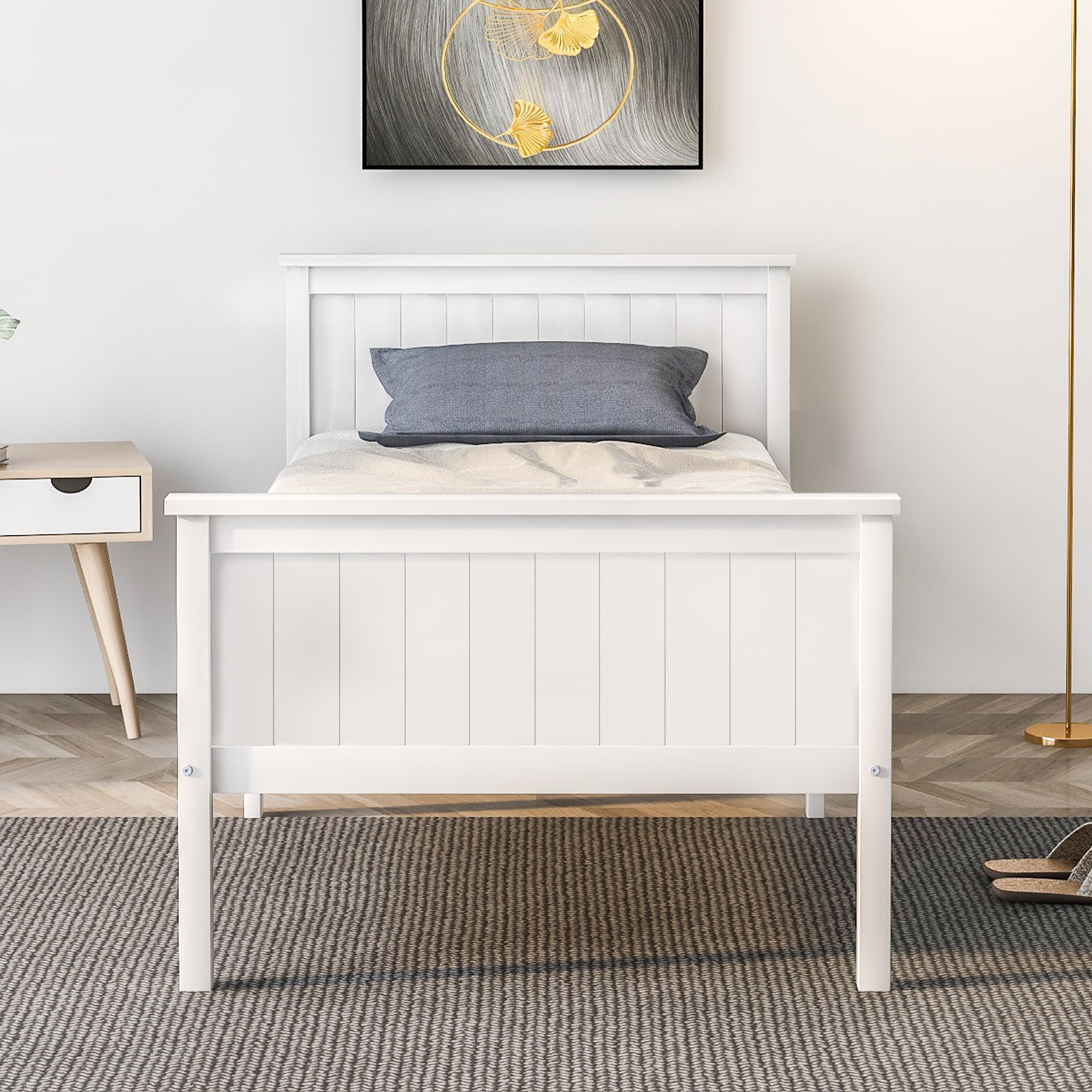 Wooden Bed Frame with Headboard and Footboard, Pine Wood Bed for Kids Bedroom, Ivory