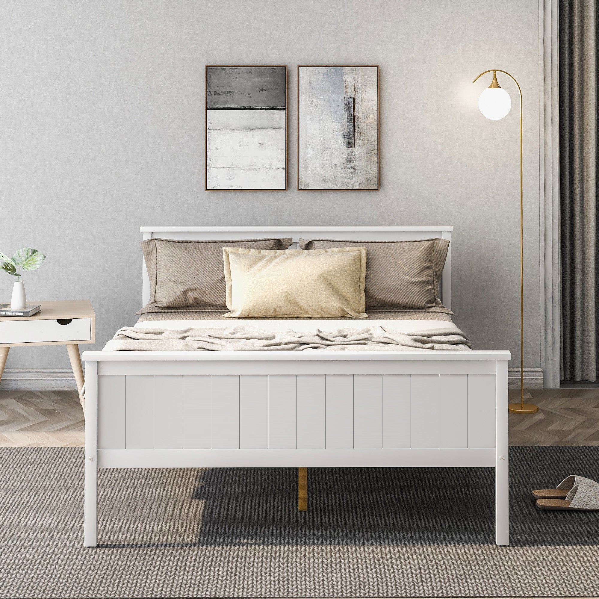 Wooden Bed Frame with Headboard and Footboard, Pine Wood Bed for Kids Bedroom, Ivory