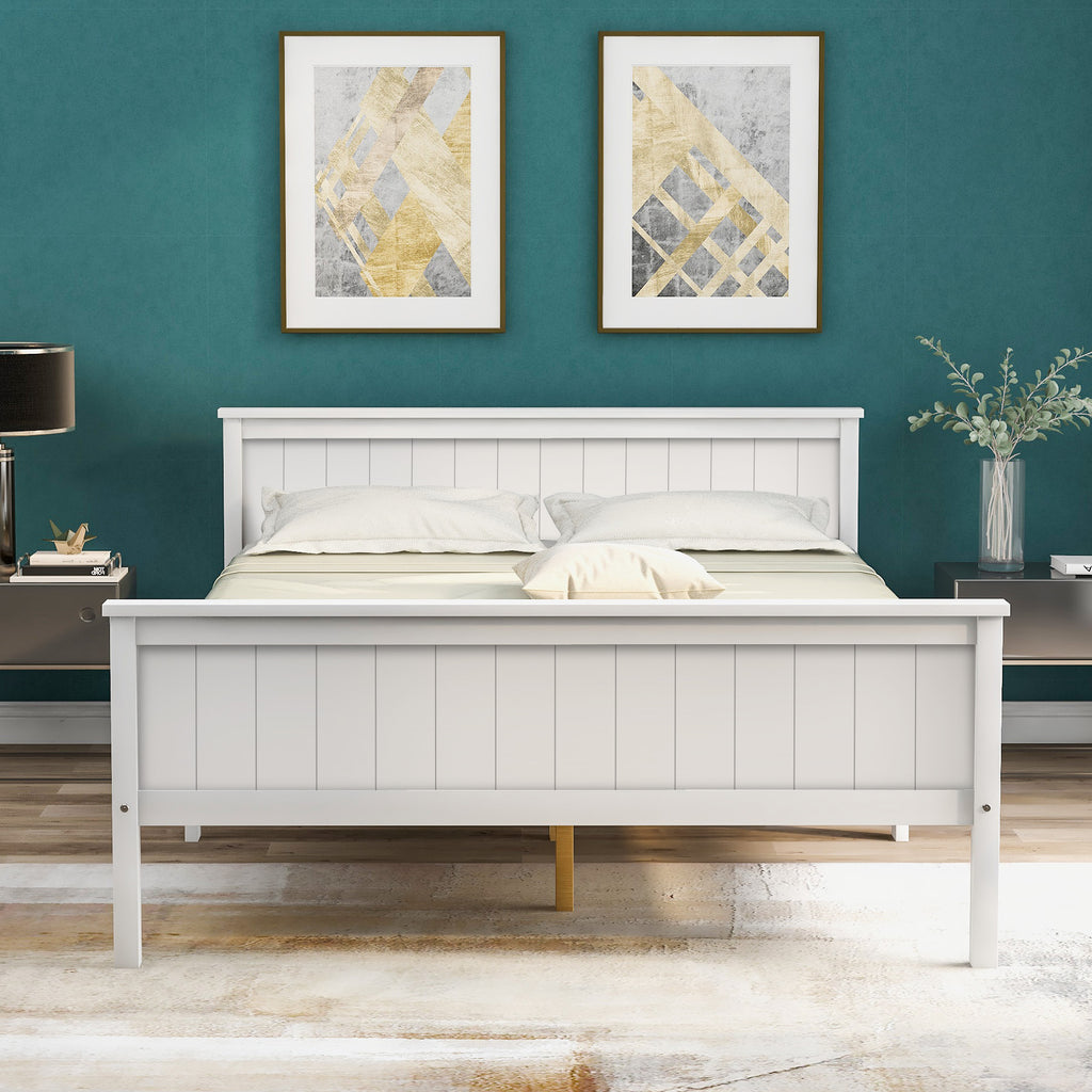 Wooden Bed Frame with Headboard and Footboard, Pine Wood Bed for Kids Bedroom, Ivory