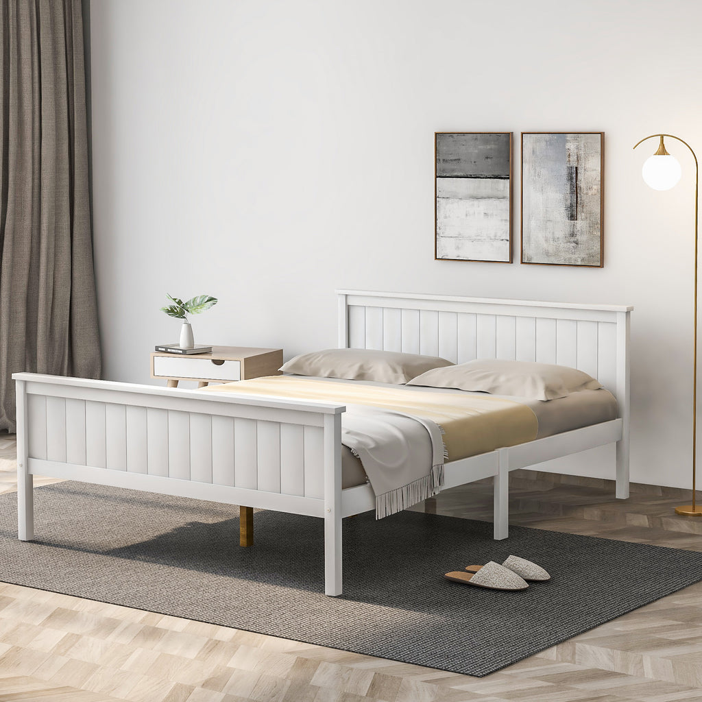Wooden Bed Frame with Headboard and Footboard, Pine Wood Bed for Kids Bedroom, Ivory