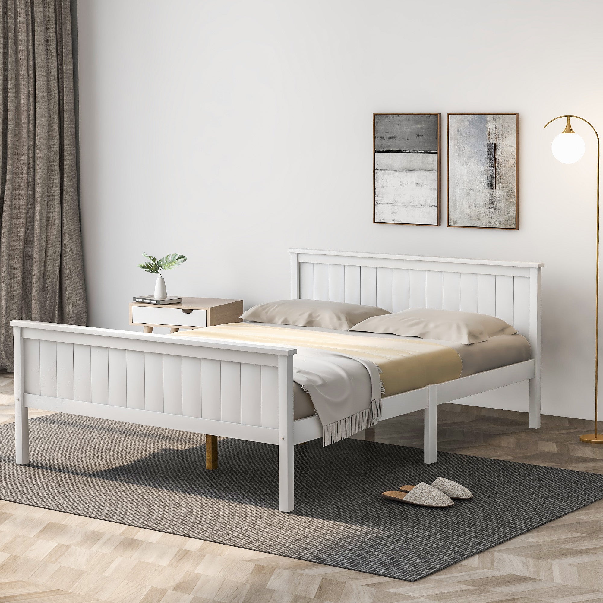 Wooden Bed Frame with Headboard and Footboard, Pine Wood Bed for Kids Bedroom, Ivory